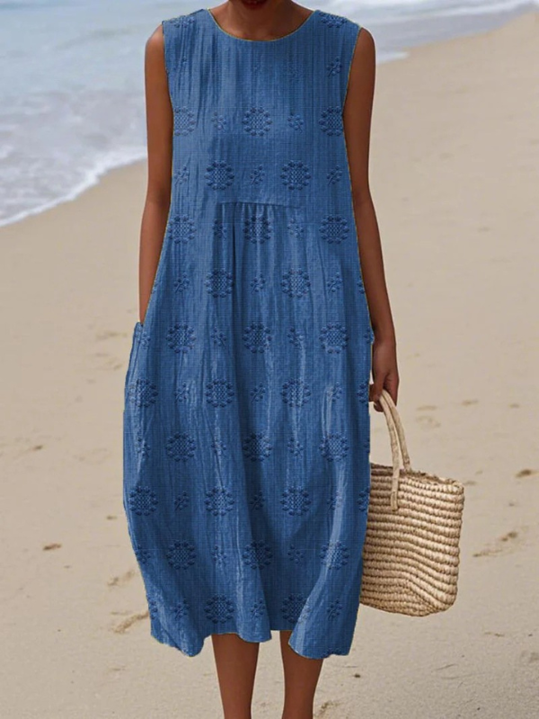 Women's Embroidered Sleeveless Midi Dress - Flattering and Versatile