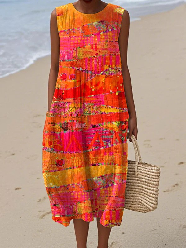 Women's Linen-Blend Relaxed Midi Dress - Effortless Brunch Style