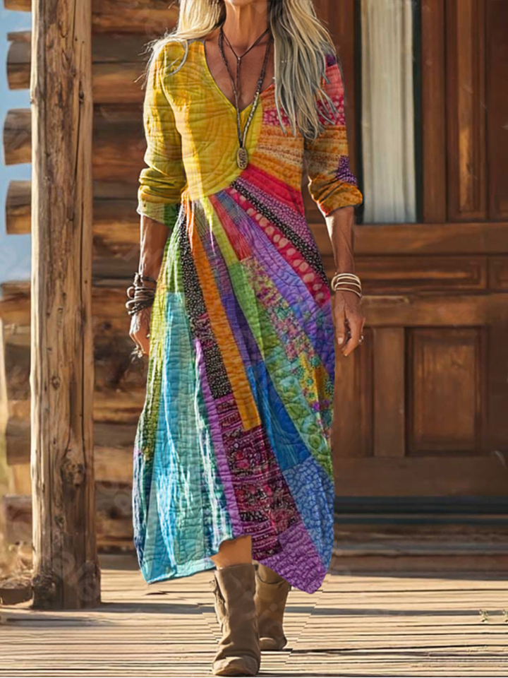 Women's Multicolor Patchwork Maxi Dress - Bohemian Style