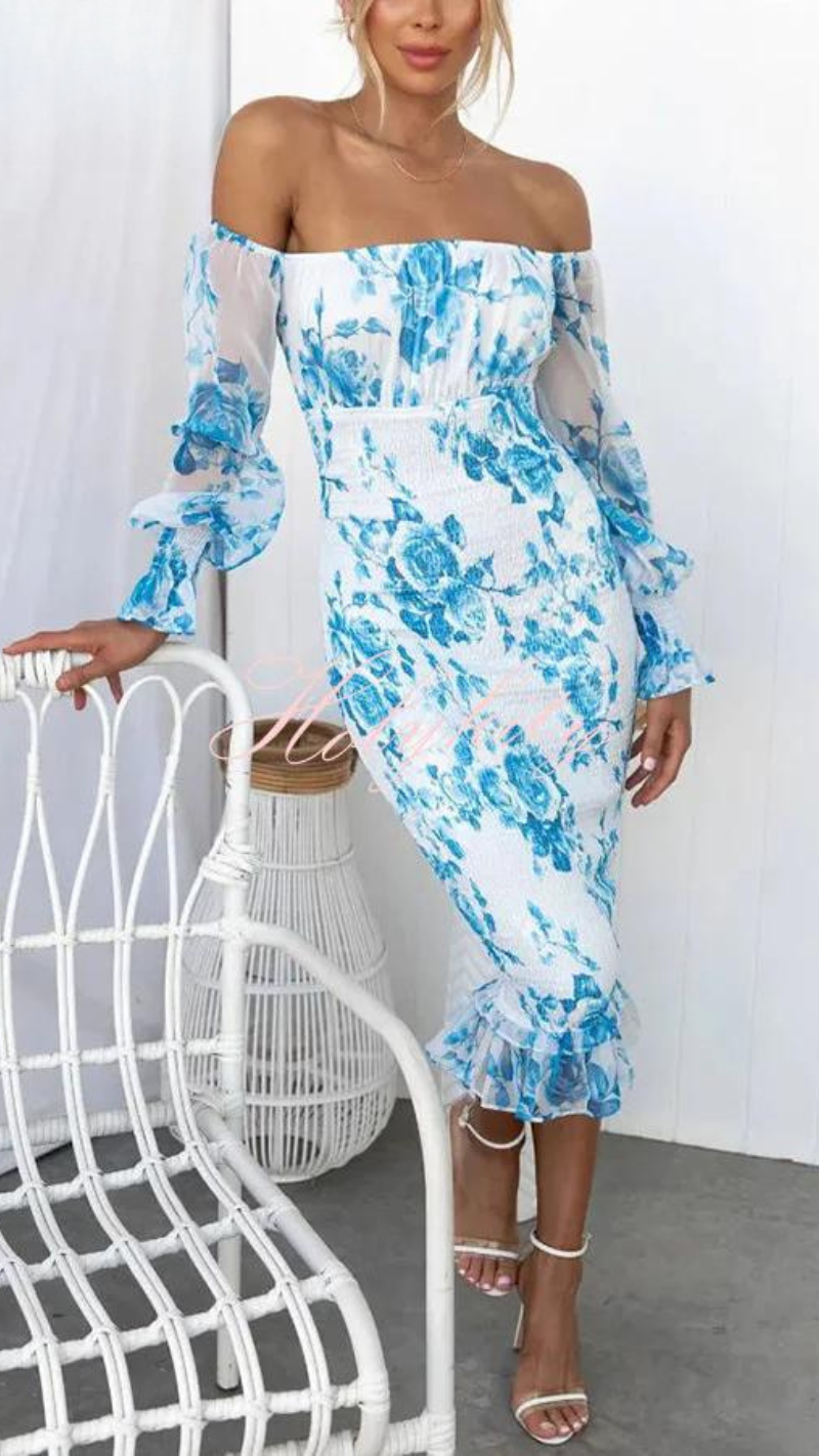 Women's Floral Off-Shoulder Midi Dress - Elegant & Romantic