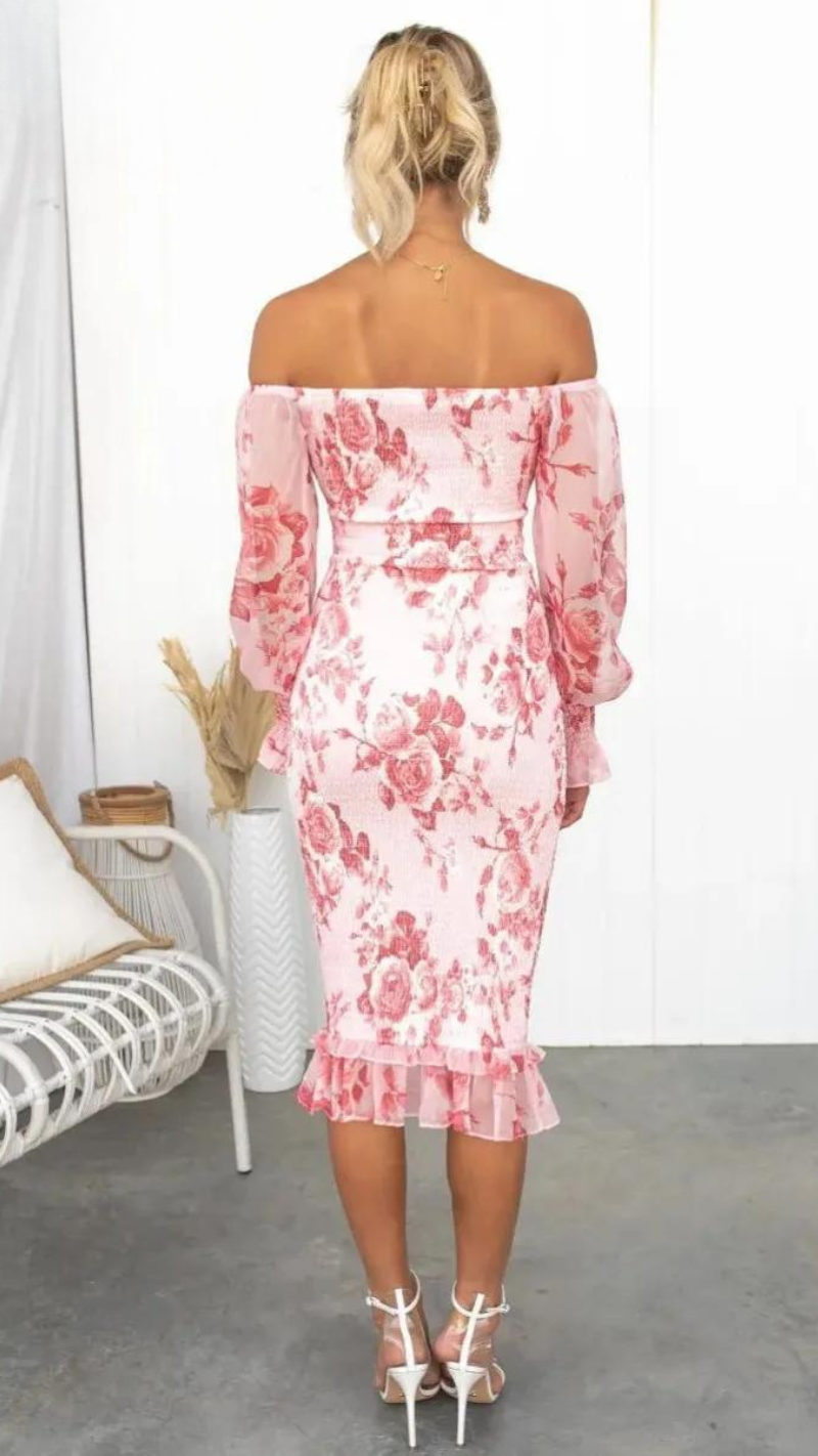 Women's Floral Off-Shoulder Midi Dress - Elegant & Romantic