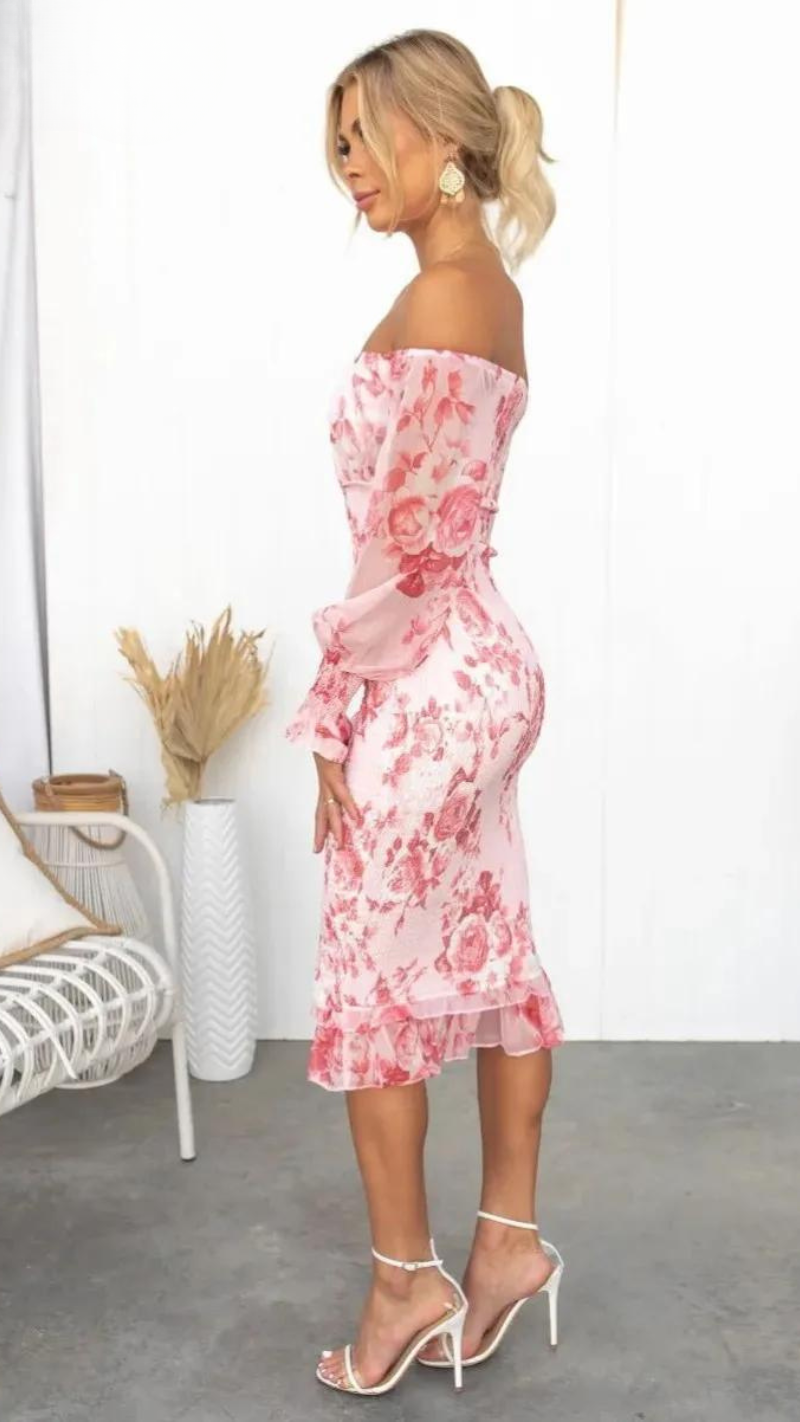Women's Floral Off-Shoulder Midi Dress - Elegant & Romantic