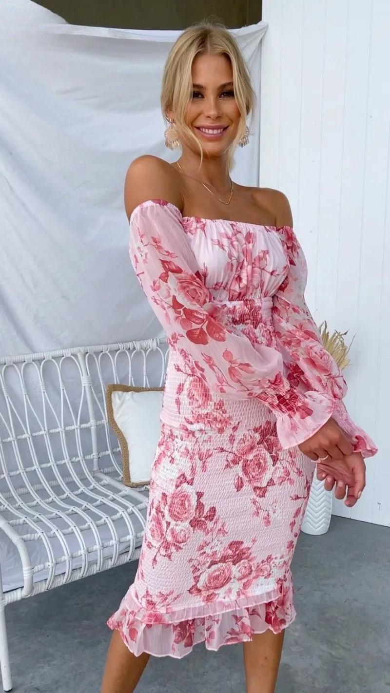 Women's Floral Off-Shoulder Midi Dress - Elegant & Romantic