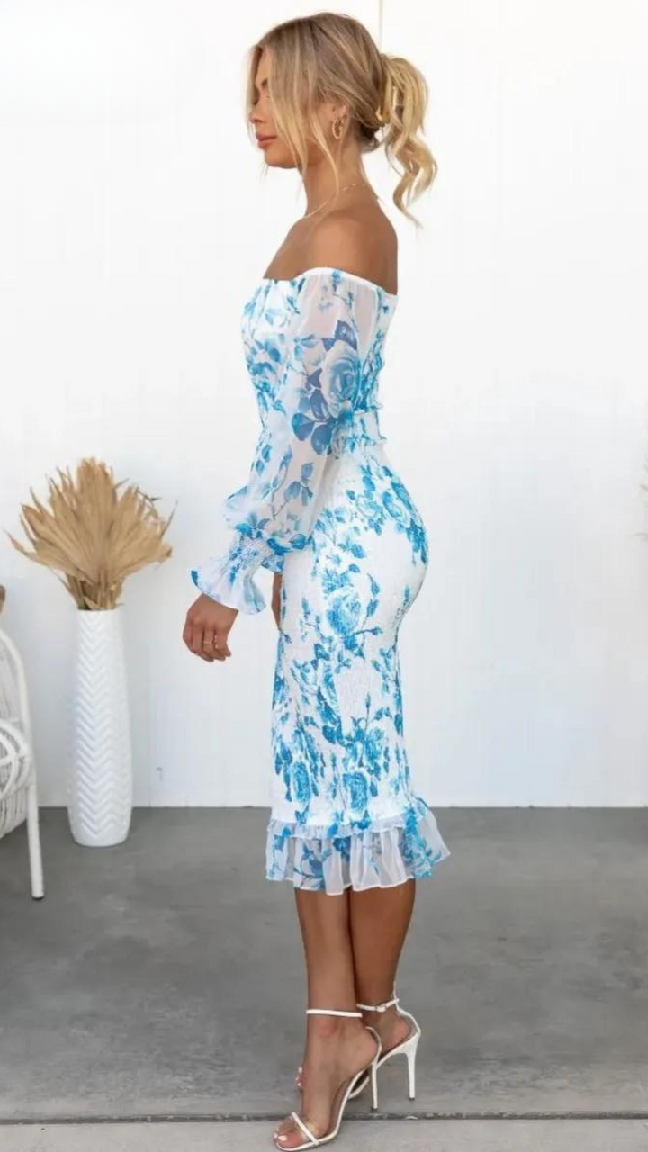 Women's Floral Off-Shoulder Midi Dress - Elegant & Romantic