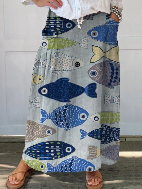 Women's Vintage Fish Art Print Pocket Skirt - Lightweight & Breezy