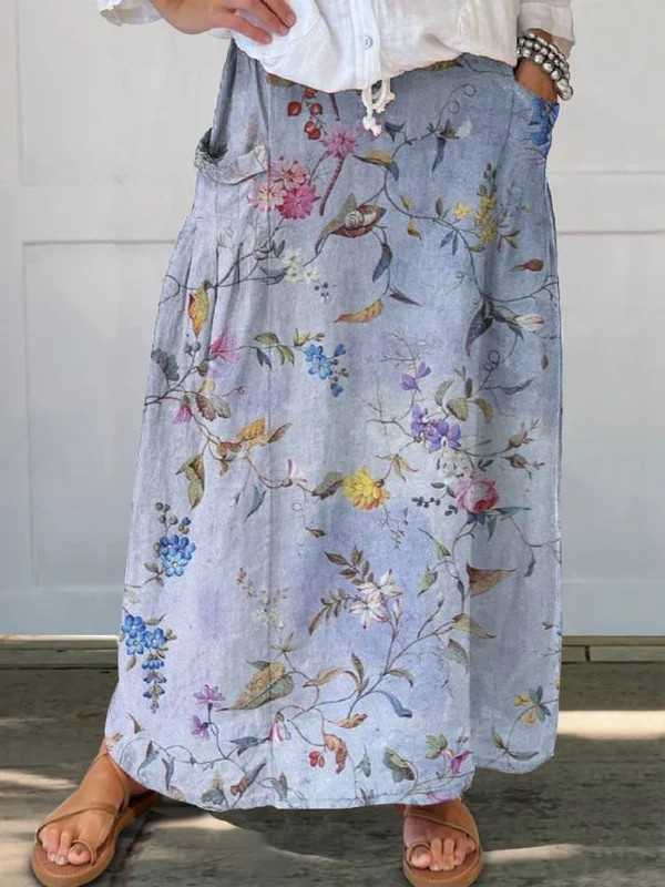 Women's Jeda Vintage Blue Print Pocket Skirt - Everyday Elegance