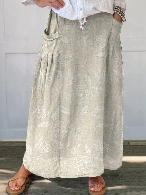 Women's Vintage Floral Art Linen A-Line Skirt with Elastic Waist