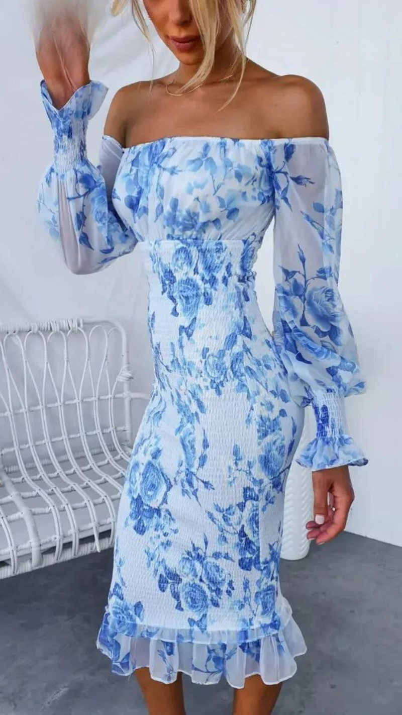 Women's Floral Off-Shoulder Midi Dress - Elegant & Romantic