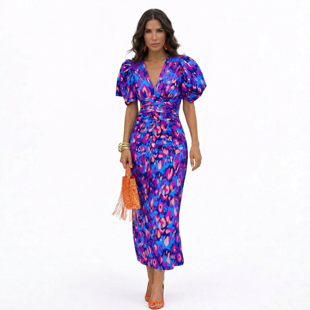 Women's V-Neck Puff Sleeve Dress - Perfect for Summer Occasions