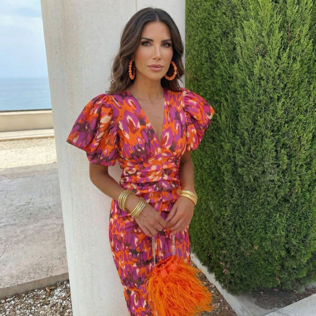 Women's V-Neck Puff Sleeve Dress - Perfect for Summer Occasions