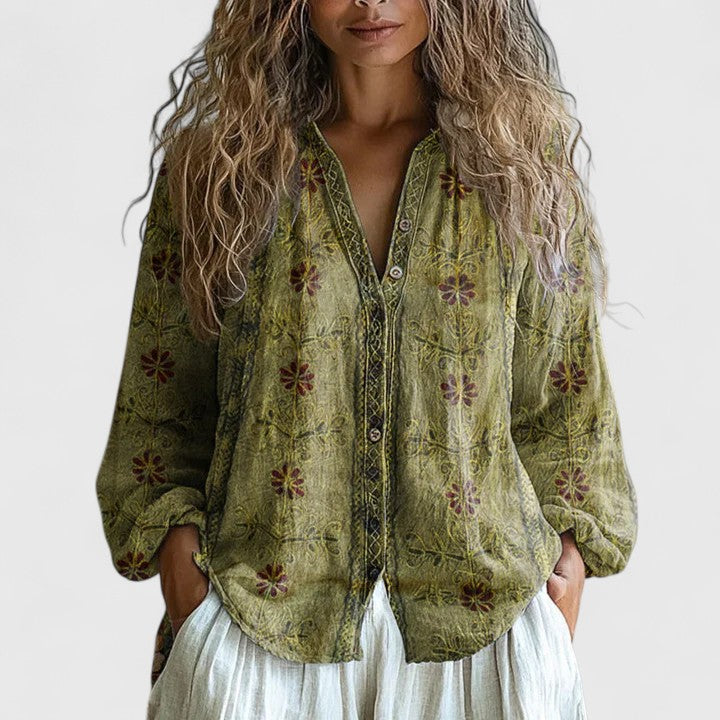 Women's Retro Leaf Print Blouse - Everyday Comfort