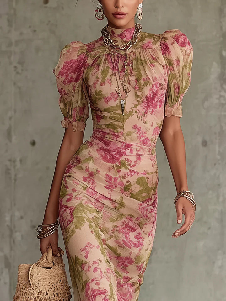 Women's Vintage Rose Print Puff Sleeve Maxi Dress - Effortless Style