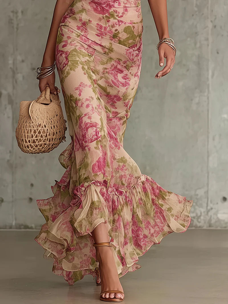 Women's Vintage Rose Print Puff Sleeve Maxi Dress - Romantic Occasion