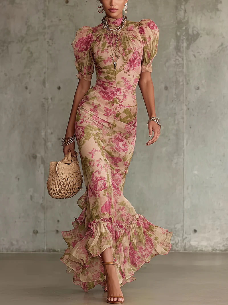 Women's Vintage Rose Print Puff Sleeve Maxi Dress - Effortless Style
