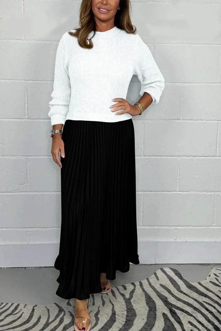 Women's Knit Sweater and Pleated Maxi Dress - Elegant Comfort