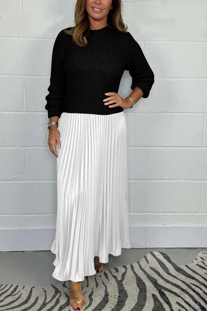 Women's Knit Sweater and Pleated Maxi Dress - Elegant Comfort