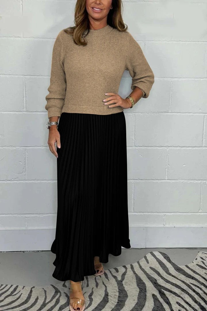 Women's Knit Sweater and Pleated Maxi Dress - Elegant Comfort