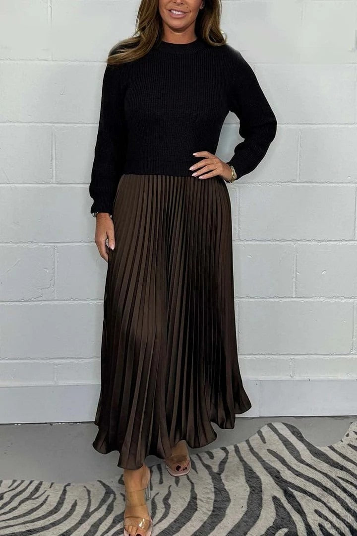 Women's Knit Sweater and Pleated Maxi Dress - Elegant Comfort
