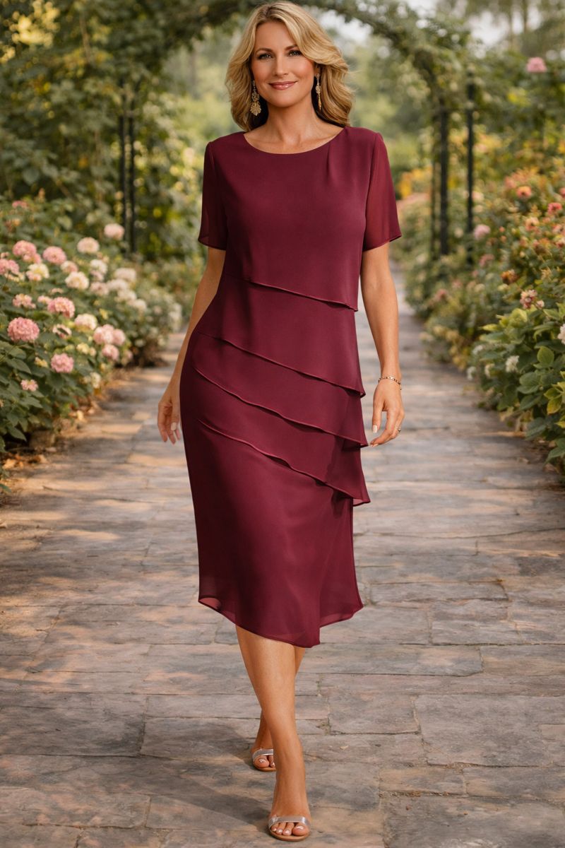 Women's Layered Chiffon Midi Dress - Elegant & Movable