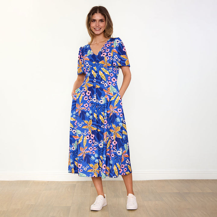 Women's Navy Floral Dress – Whitney Flattering Occasion Style – view 8