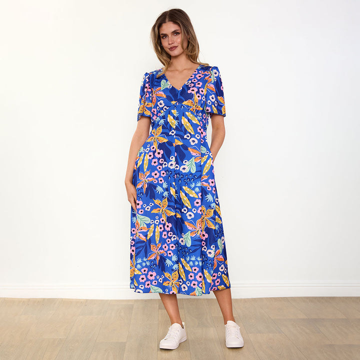 Women's Navy Floral Dress – Whitney Flattering Occasion Style – view 3