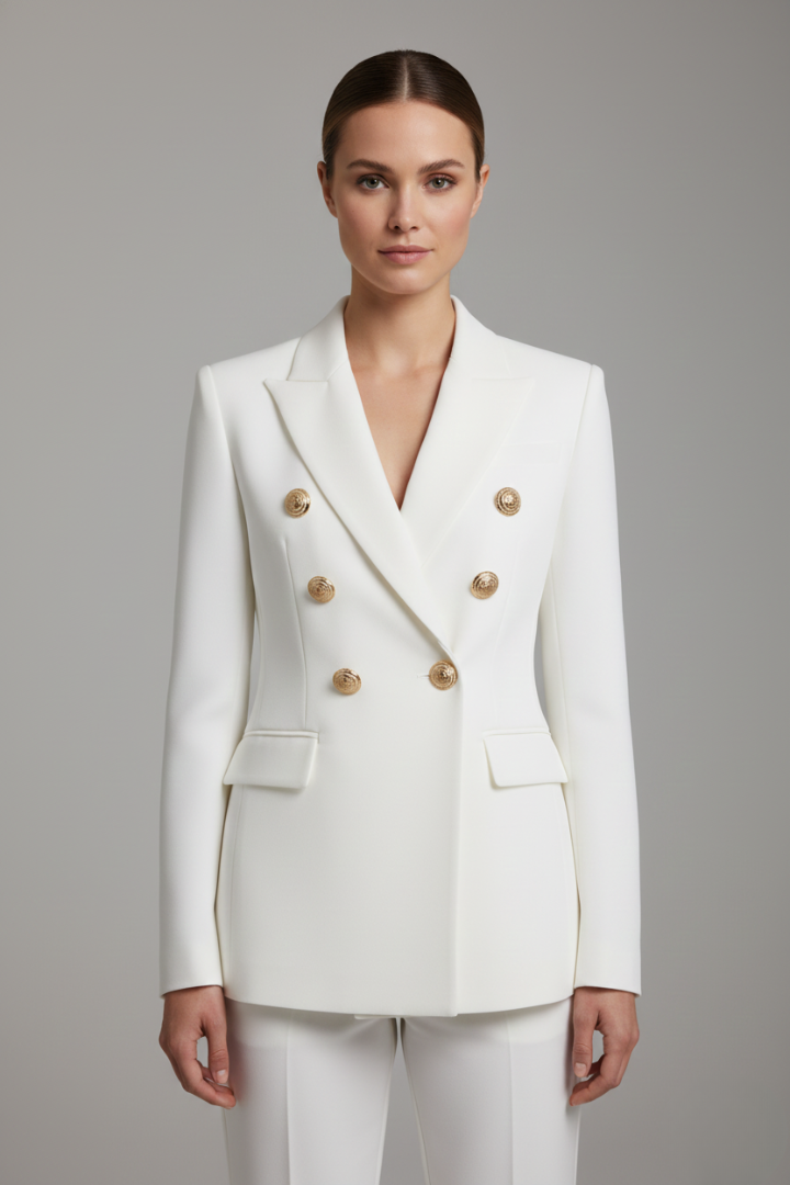 Women's Double-Breasted Blazer with Gold Buttons - Summer