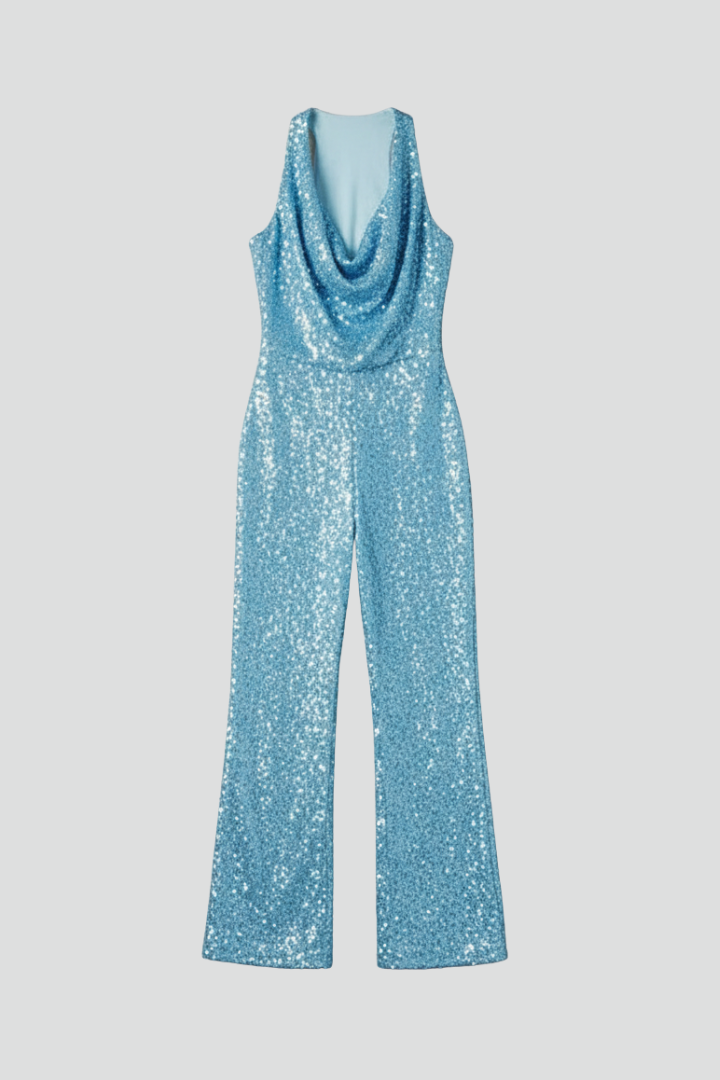 Women's Halter Neck Textured Wide-Leg Jumpsuit - Evening Celebrations
