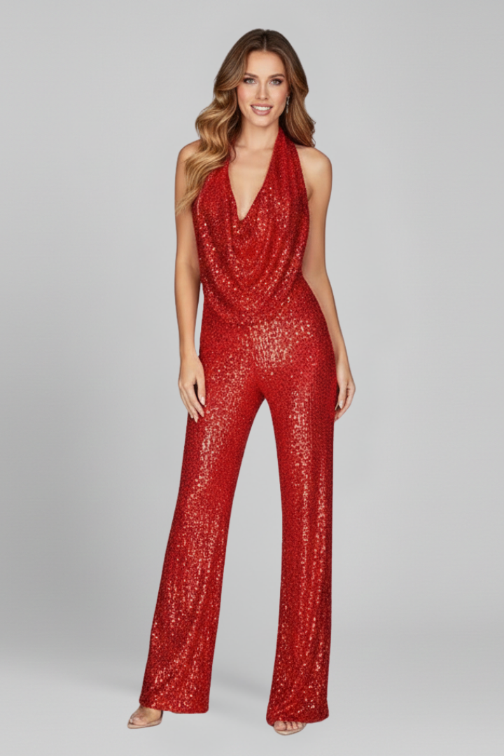 Women's Halter Neck Textured Wide-Leg Jumpsuit - Evening Celebrations