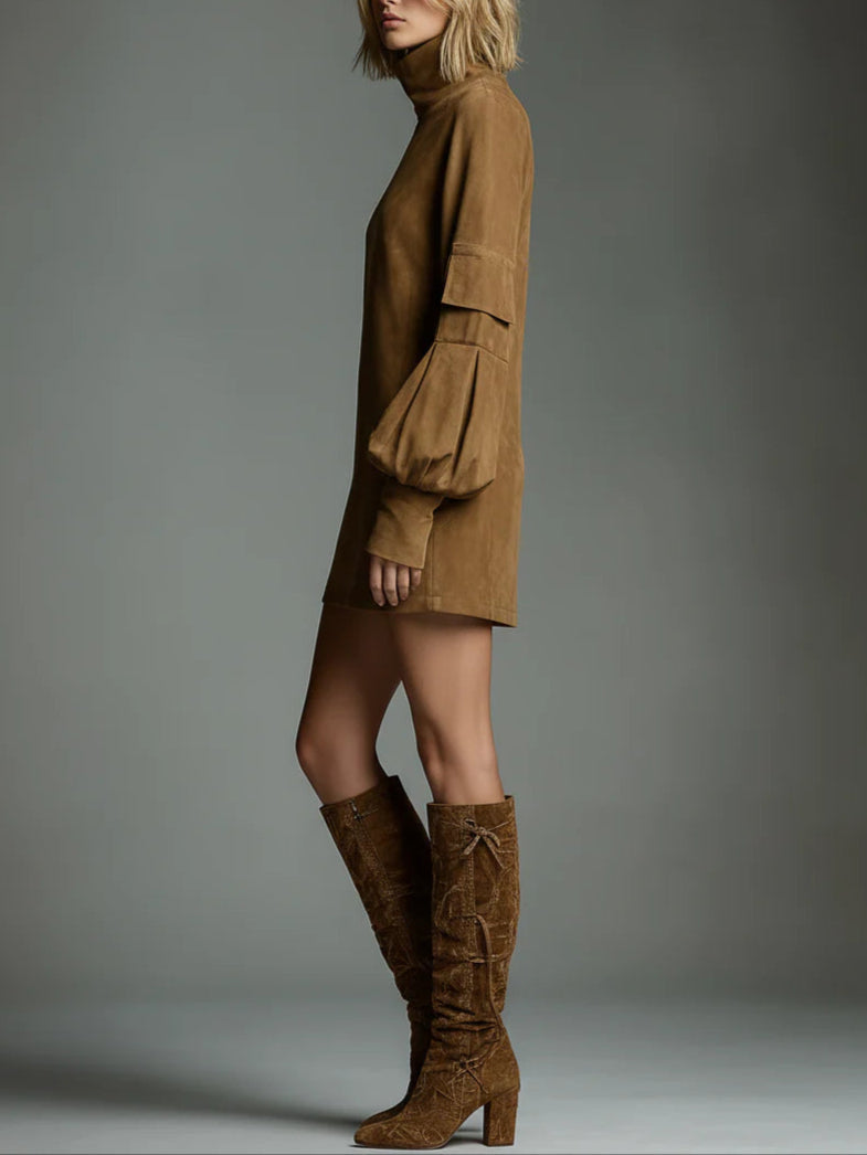 Women's Suede High-Neck Mini Dress - for party-perfect evenings