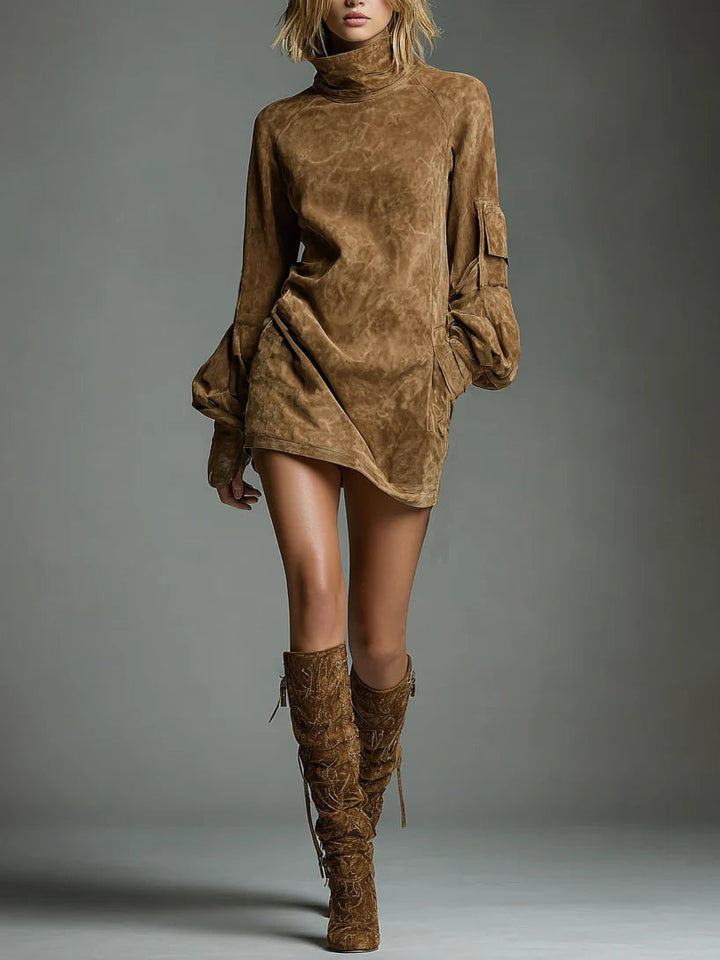Women's Suede High-Neck Mini Dress - for party-perfect evenings