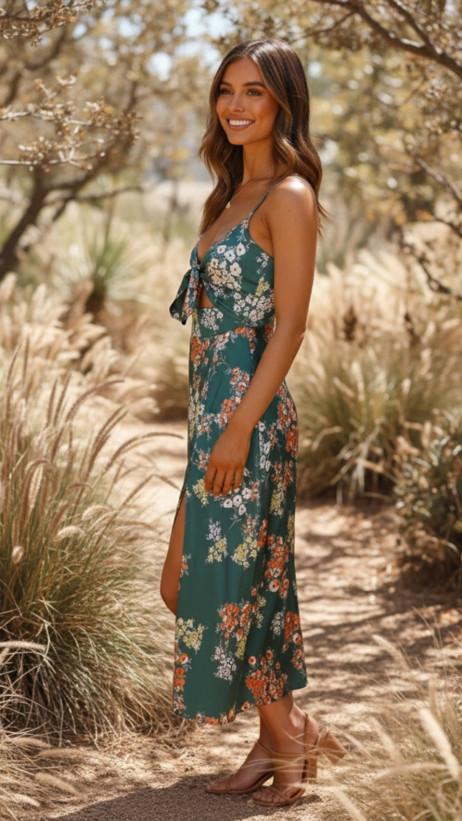 Women's Floral Tie Front Sleeveless Midi Dress - Perfect for Warm Days