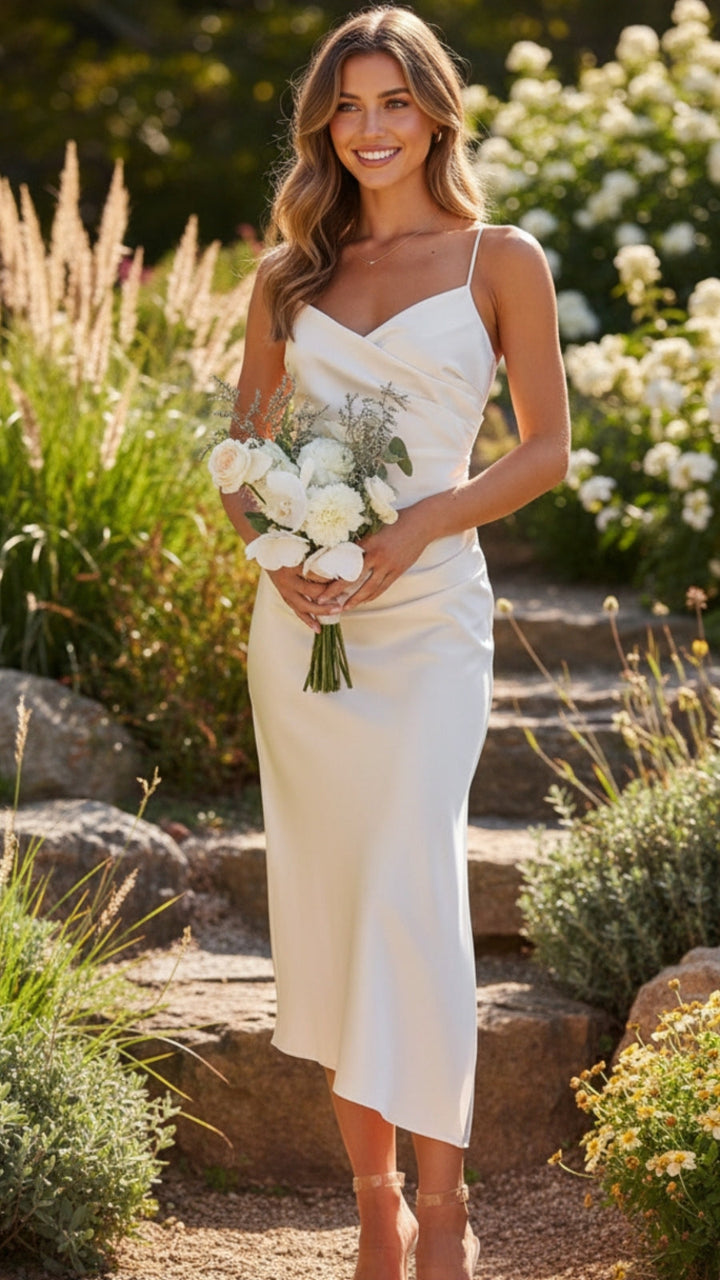 Women's Satin Cowl Neck Ruched Midi Dress - Flattering Evening Style