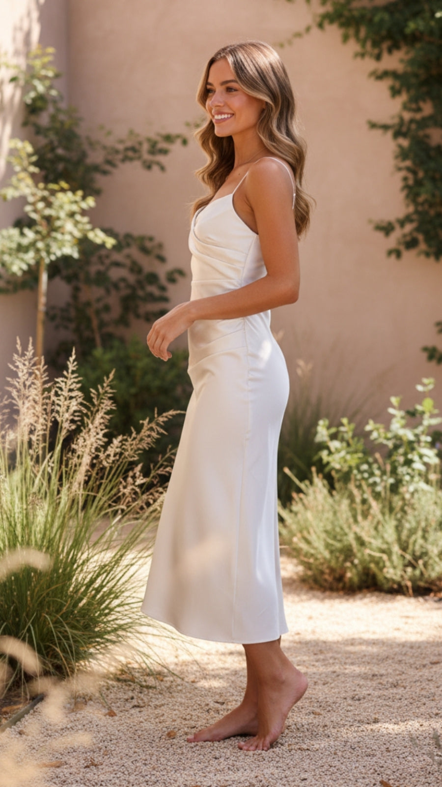 Women's Satin Cowl Neck Ruched Midi Dress - Flattering Evening Style