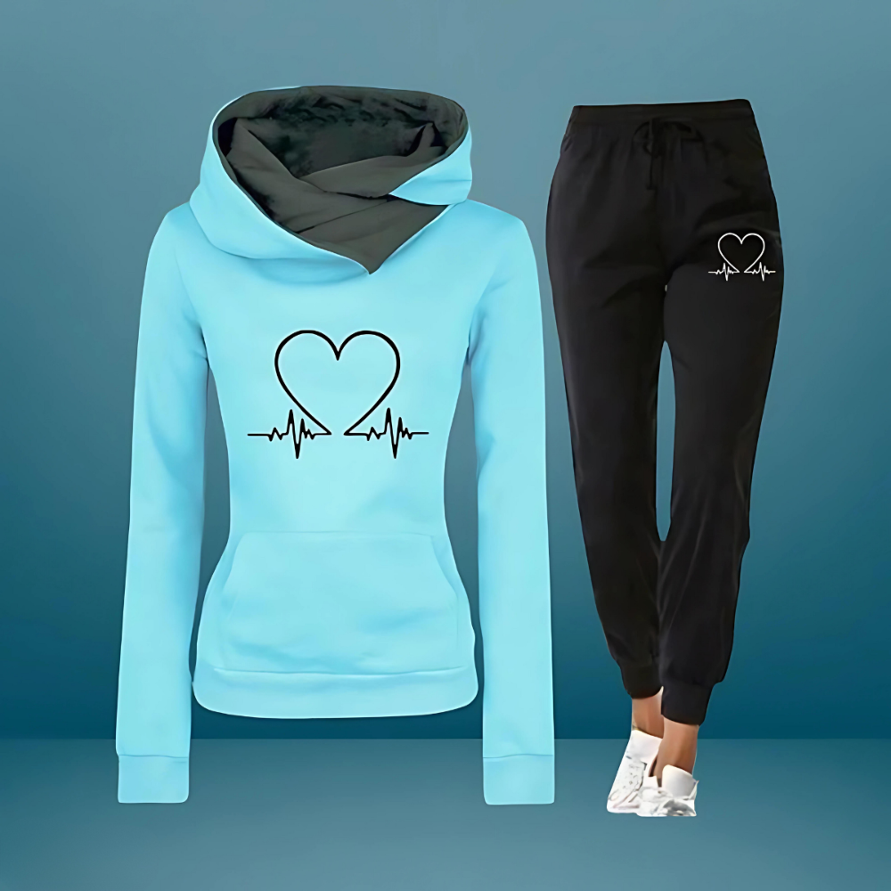 Women's Heart Print Two-Piece Jogger Set - Cozy Everyday Comfort