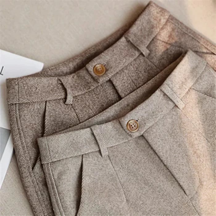 Women's Pleated Pants - Elegant Herringbone for Effortless Style