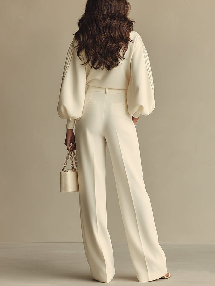 Women's Ivory Two-Piece Set: Crew Top & Wide Pants - Chic Style