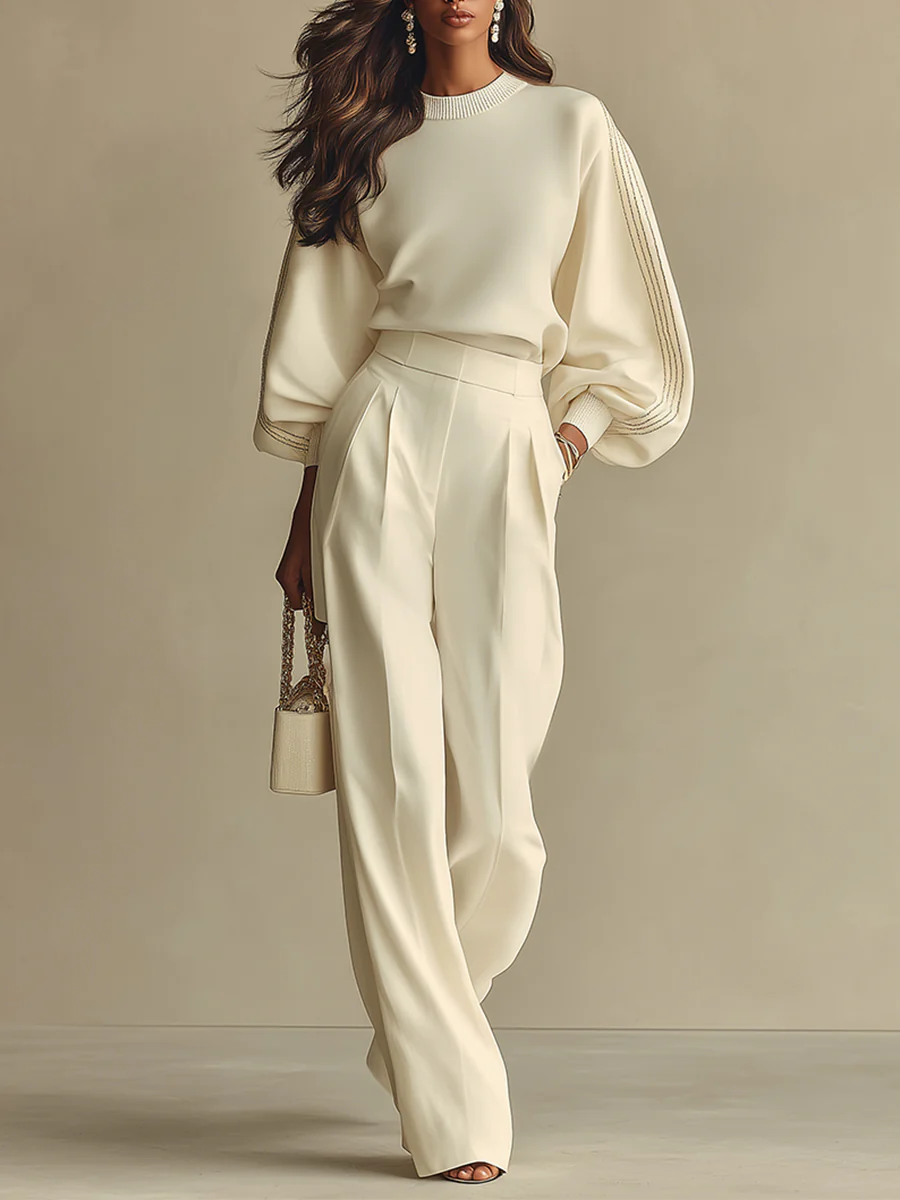 Women's Ivory Two-Piece Set: Crew Top & Wide Pants - Chic Style
