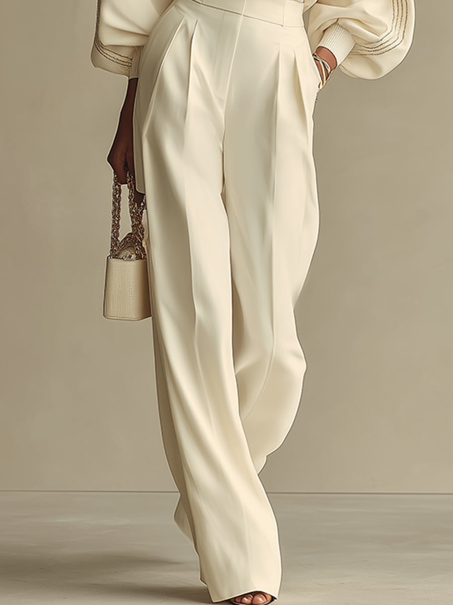 Women's Ivory Two-Piece Set: Crew Top & Wide Pants - Chic Style