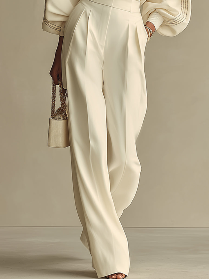 Women's Ivory Two-Piece Set: Crew Top & Wide Pants - Chic Style