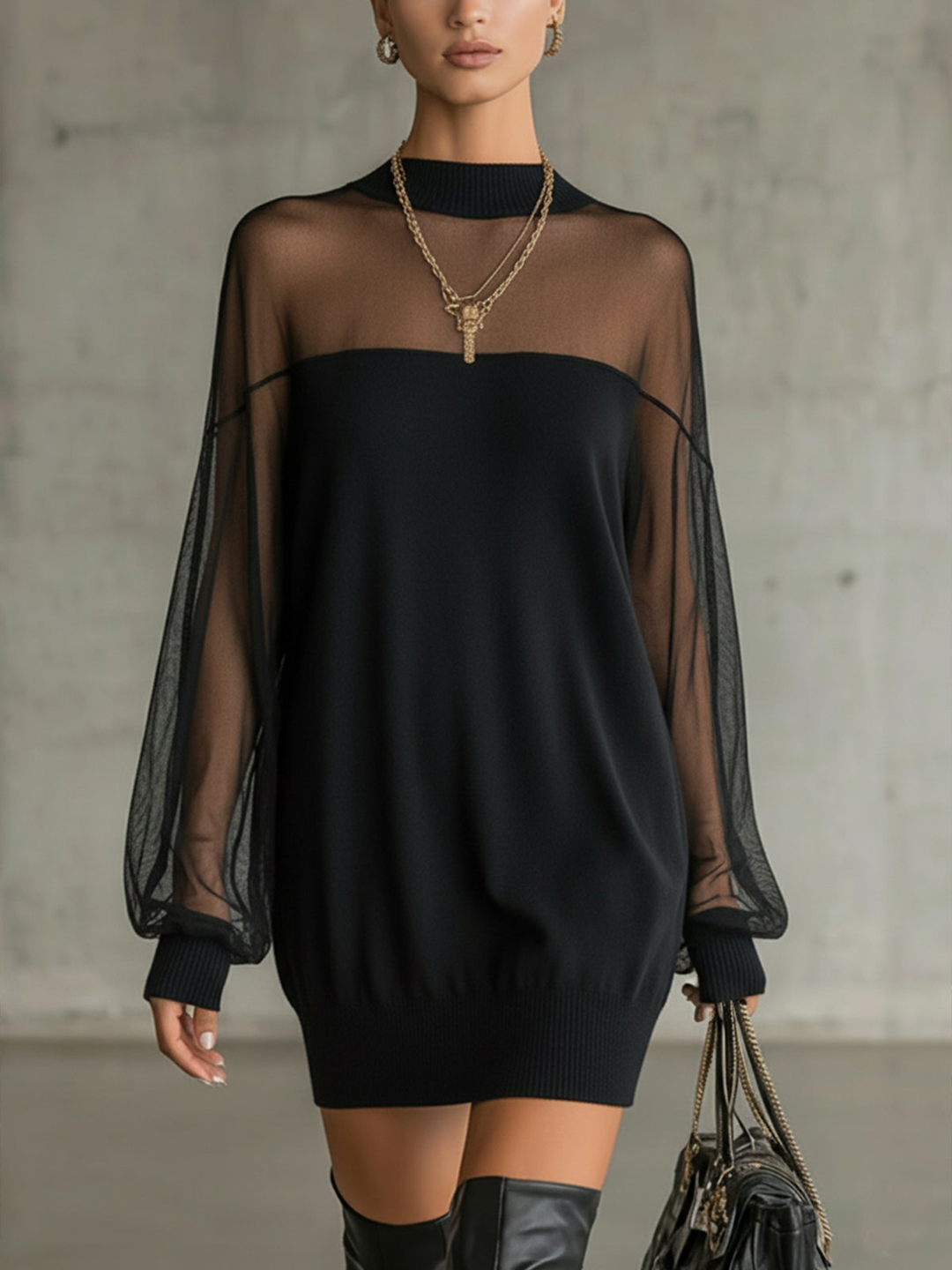 Women's Black Mesh Sleeve High-Neck Midi Dress - Effortless Summer