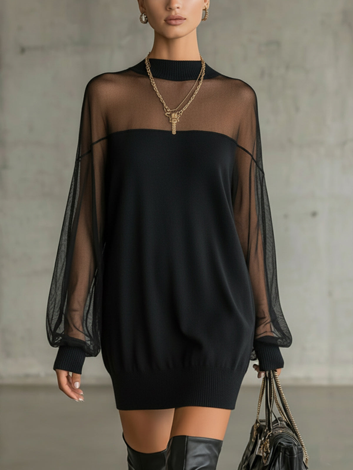 Women's Black Mesh Sleeve High-Neck Midi Dress - Effortless Summer