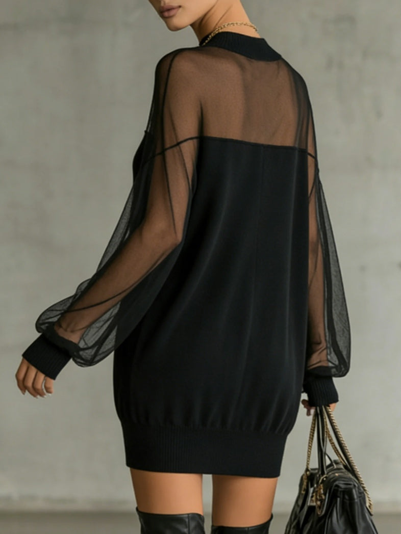 Women's Black Mesh Sleeve High-Neck Midi Dress - Effortless Summer