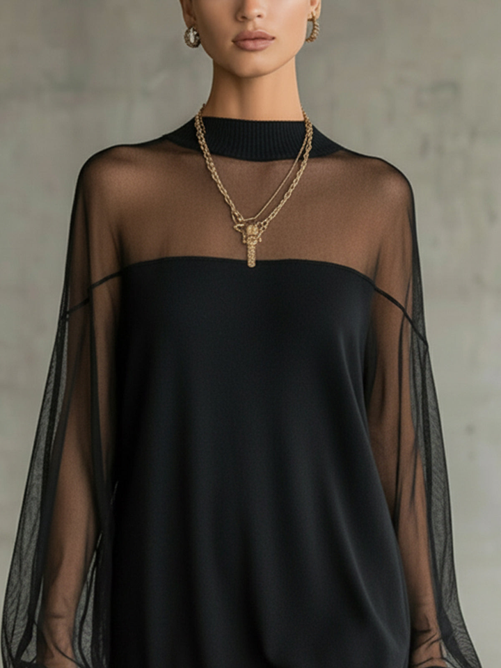 Women's Black Mesh Sleeve High-Neck Midi Dress - Effortless Summer