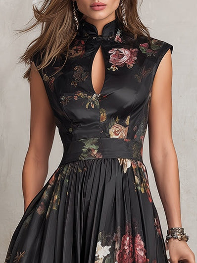 Women's Black Floral Satin Pleated Midi Dress - Summer Soiree