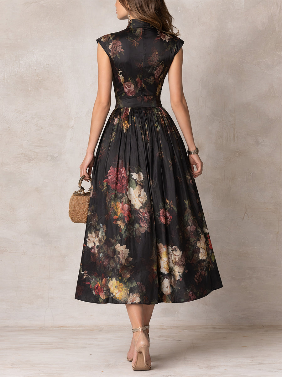 Women's Black Floral Satin Pleated Midi Dress - Summer Soiree