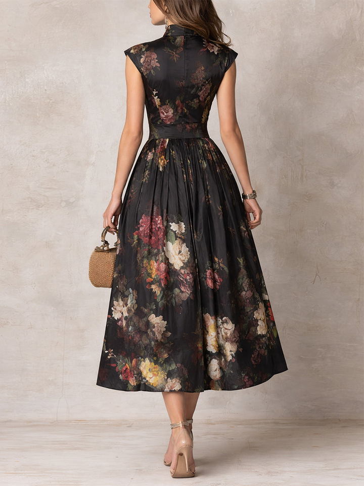 Women's Black Floral Satin Pleated Midi Dress - Summer Soiree