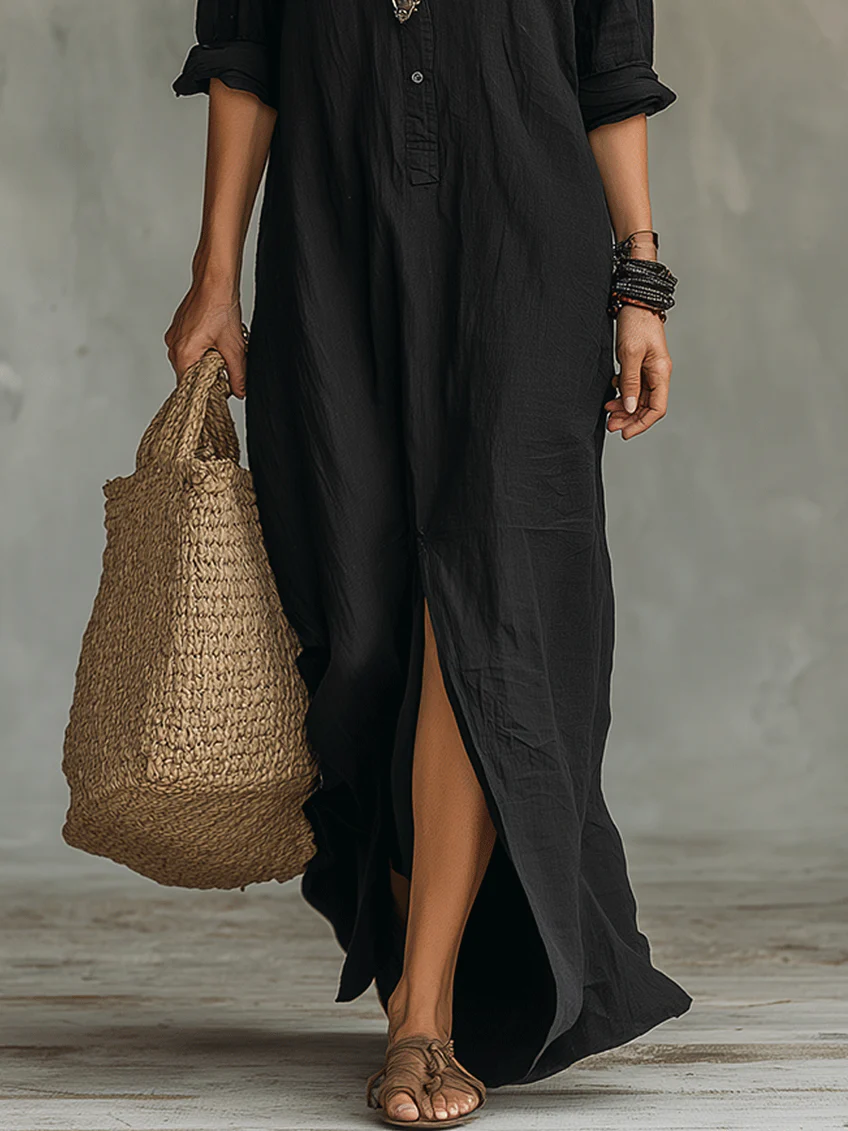 Women's Button-Front Maxi Dress - Flattering Silhouette for Everyday