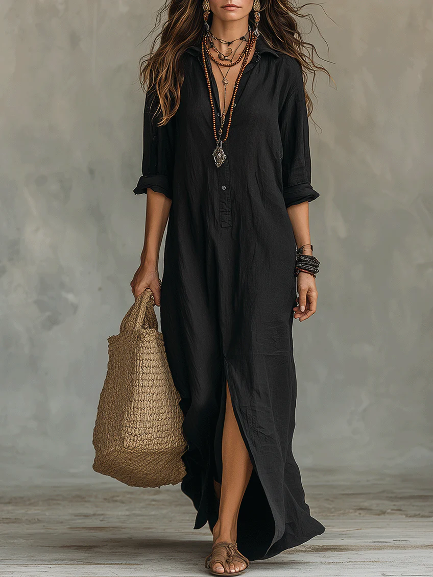 Women's Button-Front Maxi Dress - Flattering Silhouette for Everyday