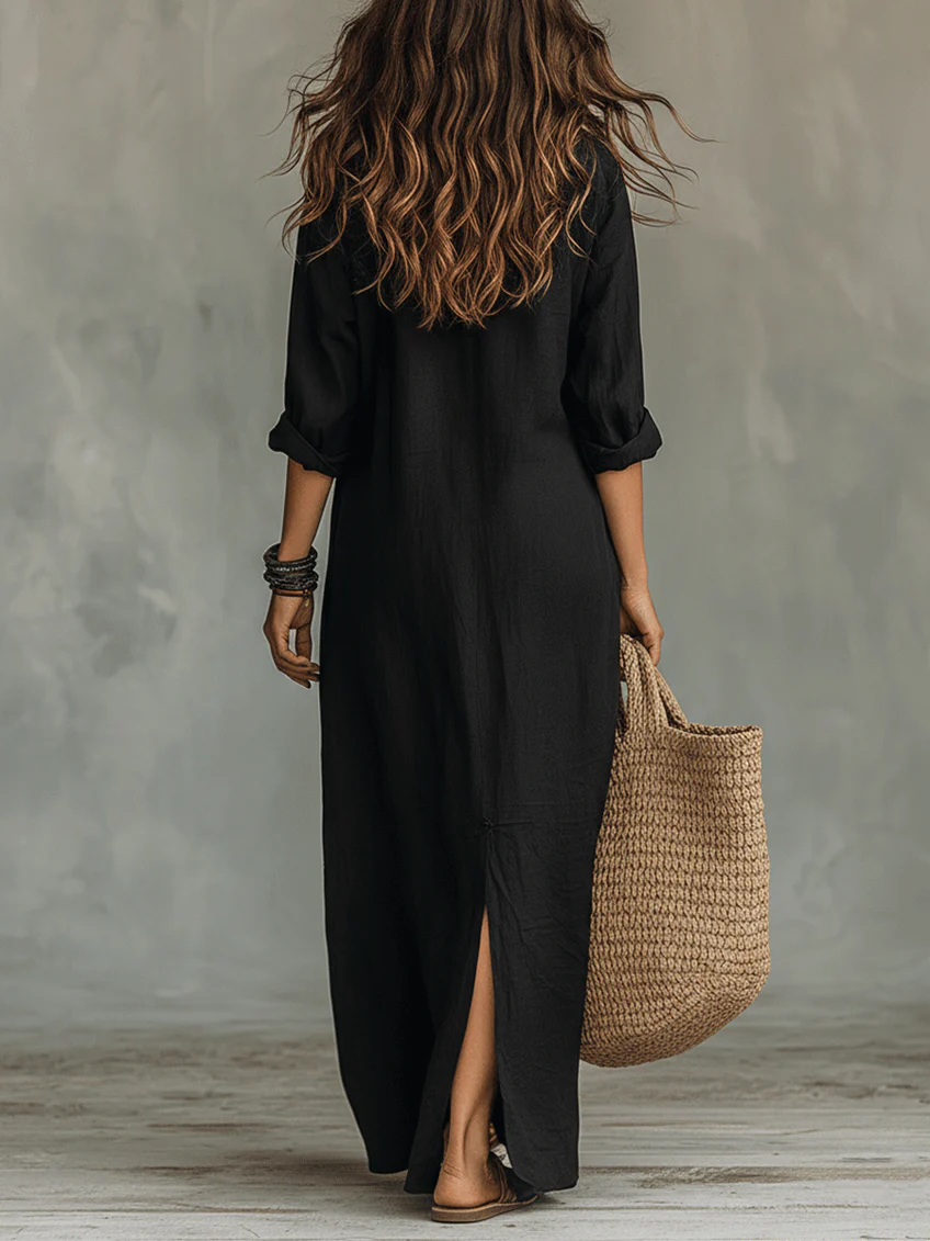 Women's Flowing Maxi Dress with Buttons - Effortless Elegance