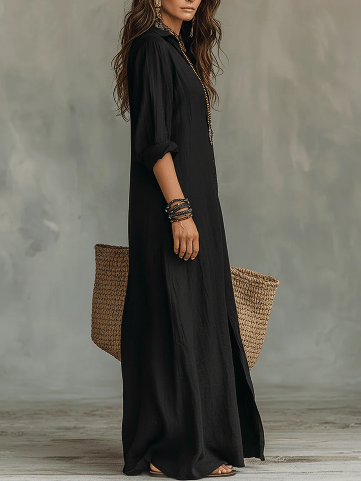 Women's Button-Front Maxi Dress - Flattering Silhouette for Everyday